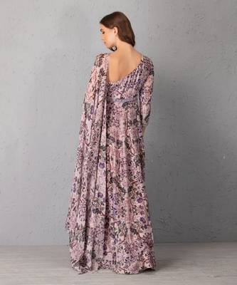 Mauve Chalk Floral Printed Gown With Attached Dupatta Detail 3