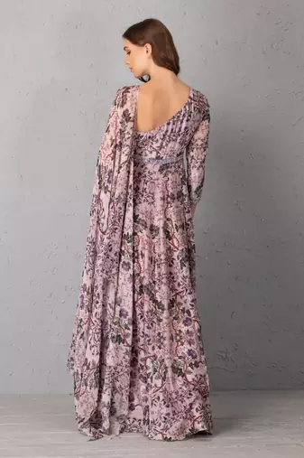 Mauve Chalk Floral Printed Gown With Attached Dupatta Detail
