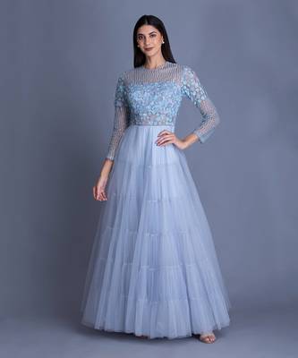 We Love Him Beautiful Powder Blue Gown With 3D Floral Handwork 1