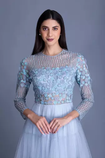 We Love Him Beautiful Powder Blue Gown With 3D Floral Handwork