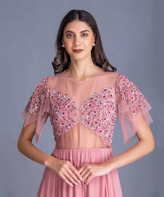Rose Pink Evening Gown With Delicate Details On Sequin Work & Fabric Styled Together To Make Your Outfit Perfect 2