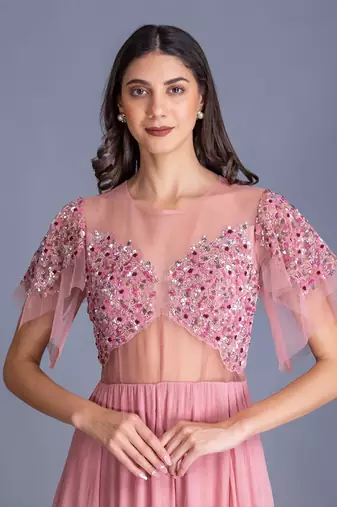 Rose Pink Evening Gown With Delicate Details On Sequin Work & Fabric Styled Together To Make Your Outfit Perfect