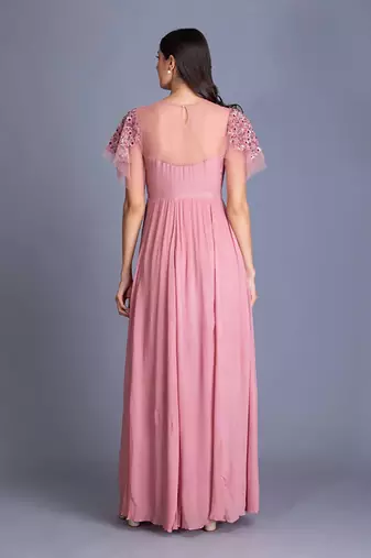 Rose Pink Evening Gown With Delicate Details On Sequin Work & Fabric Styled Together To Make Your Outfit Perfect