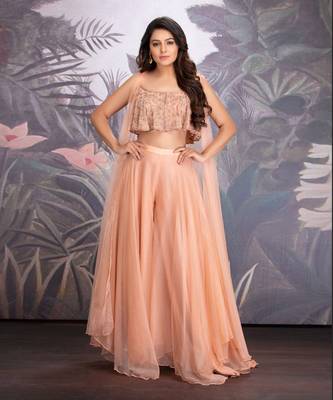 Peach Bloom Georgette Hand Embroidered Blouse Clubbed With Layered Organza Pants And Flared Organza Cape. 1