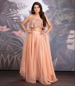Peach Bloom Georgette Hand Embroidered Blouse Clubbed With Layered Organza Pants And Flared Organza Cape.