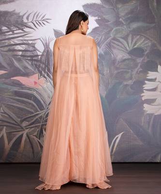 Peach Bloom Georgette Hand Embroidered Blouse Clubbed With Layered Organza Pants And Flared Organza Cape. 3