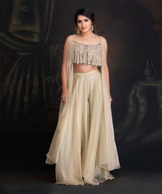 Baize Green Silk Organza Cape With Hand Embroidered Blouse With Layered Organza Pants 1