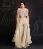 Baize Green Silk Organza Cape With Hand Embroidered Blouse With Layered Organza Pants