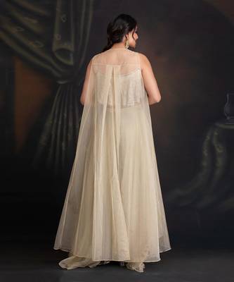 Baize Green Silk Organza Cape With Hand Embroidered Blouse With Layered Organza Pants 2