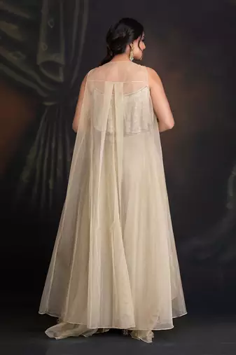 Baize Green Silk Organza Cape With Hand Embroidered Blouse With Layered Organza Pants