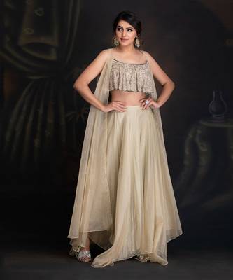 Baize Green Silk Organza Cape With Hand Embroidered Blouse With Layered Organza Pants 3