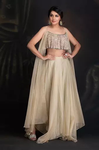 Baize Green Silk Organza Cape With Hand Embroidered Blouse With Layered Organza Pants