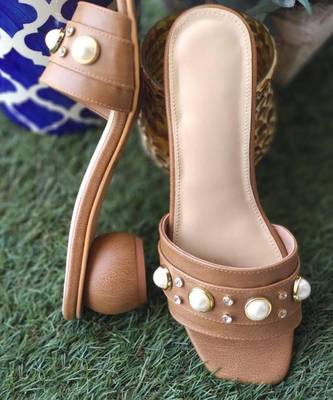 Tan Round Pearl Heels 1