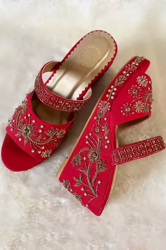 Red Embroidered Wedges