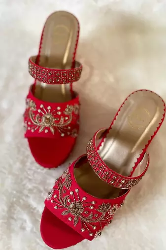 Red Embroidered Wedges