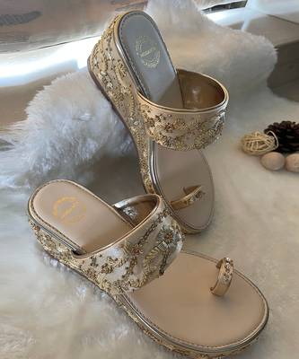 Satin Gold Embroidered Wedges 1