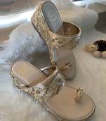 Satin Gold Embroidered Wedges