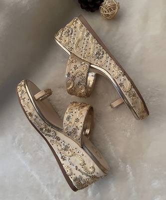 Satin Gold Embroidered Wedges 2