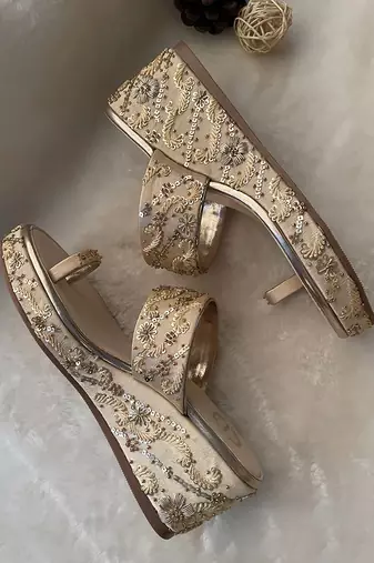 Satin Gold Embroidered Wedges