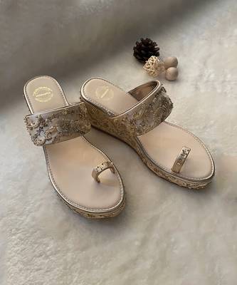 Satin Gold Embroidered Wedges 3