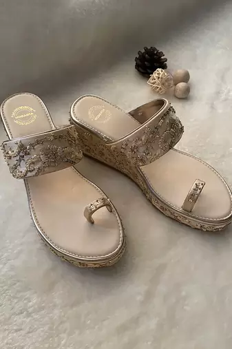 Satin Gold Embroidered Wedges