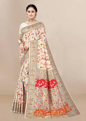 JJ's Crafted Elegance Kashmiri Pashmina Saree with Cotton Silk Base & Paisley Border 1