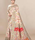 JJ's Crafted Elegance Kashmiri Pashmina Saree with Cotton Silk Base & Paisley Border