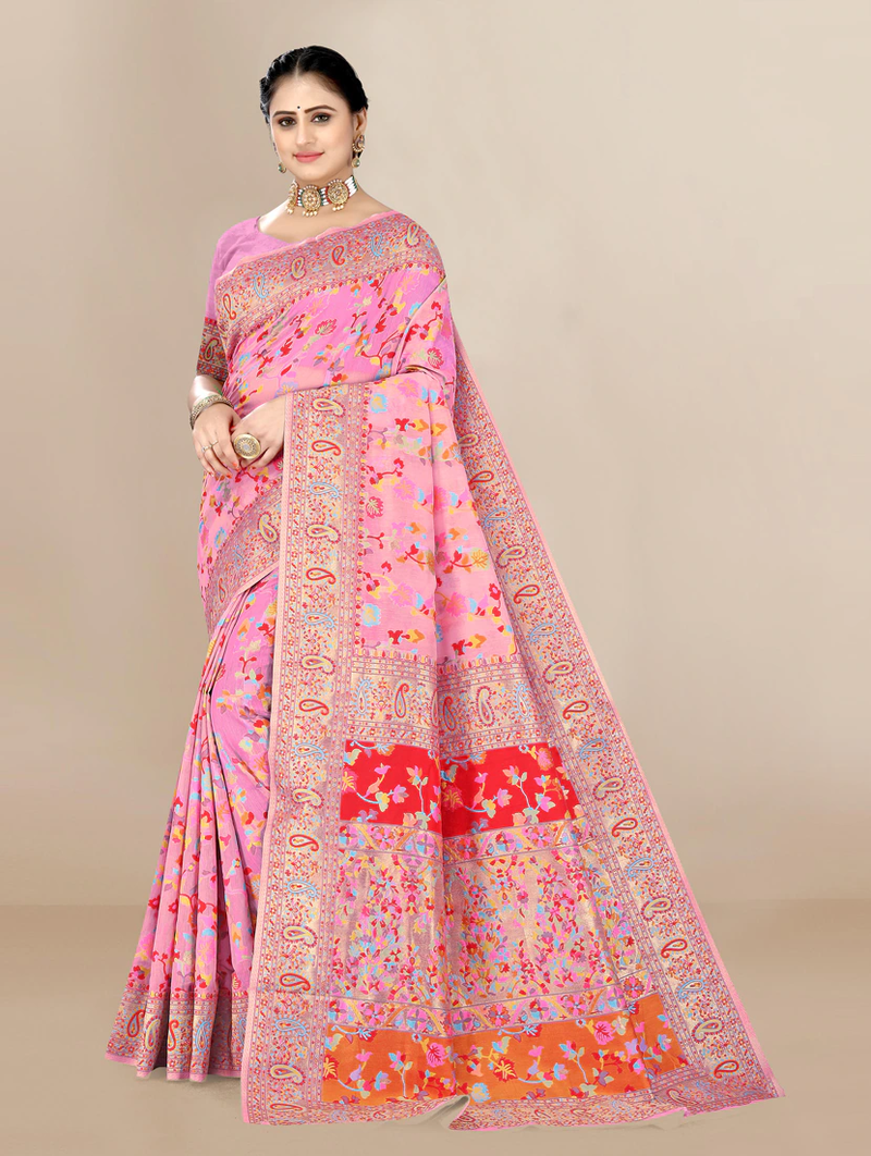 JJ's Crafted Elegance Kashmiri Pashmina Saree with Cotton Silk Base & Paisley Border