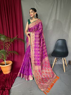 Purple woven Banarasi silk blend saree with blouse 1