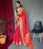 Red woven Banarasi silk blend saree with blouse