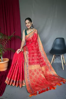 Red woven Banarasi silk blend saree with blouse