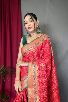 Red woven Banarasi silk blend saree with blouse