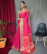Pink woven Banarasi silk blend saree with blouse