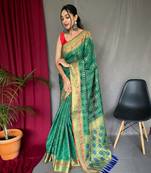 Green woven Banarasi silk blend saree with blouse