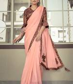 Peach plain silk saree with blouse