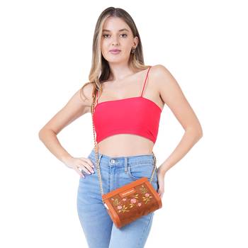 Tan Embroidered Floral Mini Shoulder Bag 5