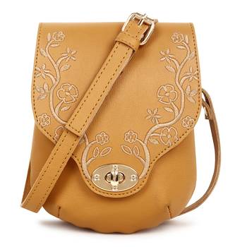 Yellow Embroidered Floral Phone Solid Sling Bag 1