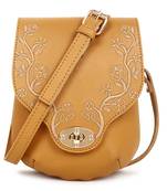Yellow Embroidered Floral Phone Solid Sling Bag