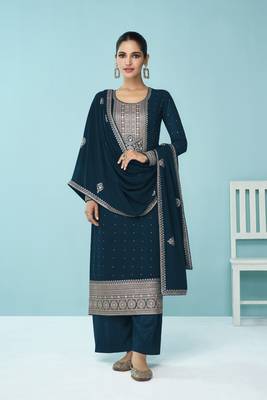 Dark-teal embroidered faux georgette salwar 1