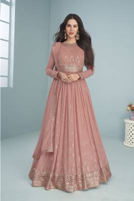 Peach embroidered faux georgette salwar 1