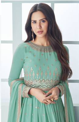 Sea-green embroidered faux georgette salwar 2