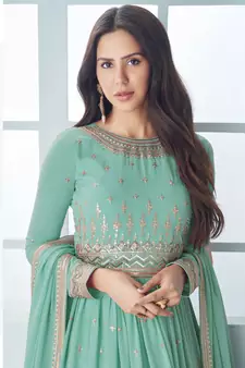 Sea-green embroidered faux georgette salwar