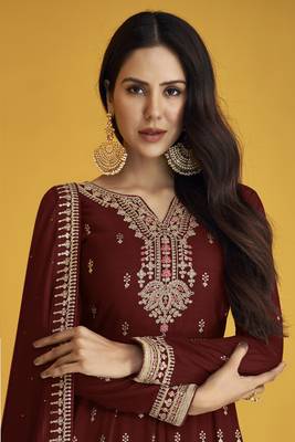 Maroon embroidered faux georgette salwar 2