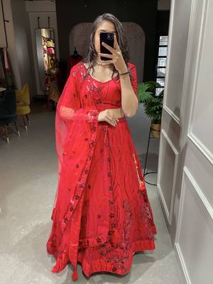 Red Color Net Sequins Embroidery Work Semi Stitched Lehenga & Un Stitched Blouse With Dupatta  6