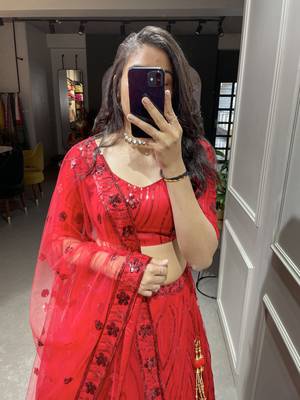 Red Color Net Sequins Embroidery Work Semi Stitched Lehenga & Un Stitched Blouse With Dupatta  7