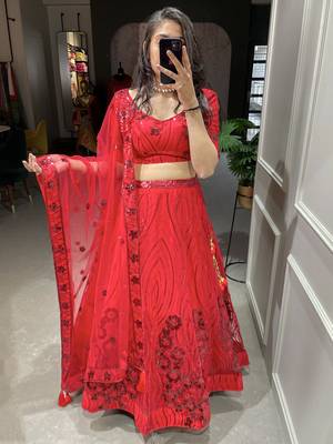 Red Color Net Sequins Embroidery Work Semi Stitched Lehenga & Un Stitched Blouse With Dupatta  8