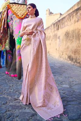 Baby Pink Zari Work Banarasi silk blend Saree with Blouse 2