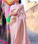 Baby Pink Zari Work Banarasi silk blend Saree with Blouse