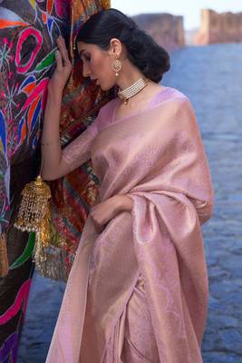 Baby Pink Zari Work Banarasi silk blend Saree with Blouse 3