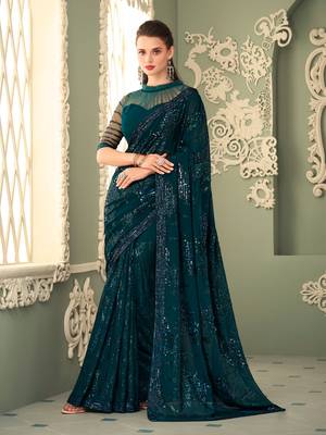Teal embroidered georgette saree with blouse 1